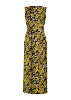 A flay lay of the front of the Ophelia Dress in Printed Silk Wool. The Dress is midi length and sleeveless with a fitted waist. The floral print is yellow and black.