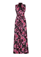 A flat lay of the front of the sleeveless, floor-length Nansi Jumpsuit in Printed Poplin in Black Floral.