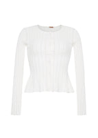 A flat lay of the front of the Peplum Cardigan in Pointelle Knit in ivory.
