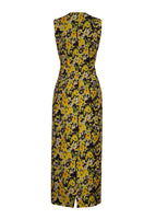 A flat lay of the back of the Ophelia Dress in Printed Silk Wool. The Dress is midi length and sleeveless with a fitted waist. The floral print is yellow and black.