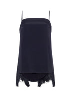 A flat lay of the front of the Cami Top with Fringe in black.