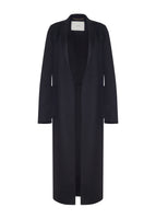 Flat lay of a black cashmere long coat.