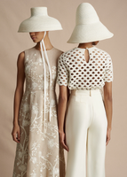 An image of two models next to one another, one wearing the Embroidered Eloise Dress in Cotton Burlap and the other wearing the Embroidered Short Sleeve Top in Pearl Lattice. 