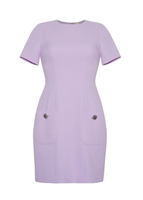 A ghost image of the front of the flynn dress in wool crepe in lavender.