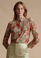 Model is wearing the Menswear Shirt in Printed Crepe De Chine in the Pistachio Multi print.