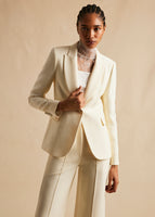 Image of a model facing forward wearing ivory blazer over an ivory lace turlteneck. With ivory pants.