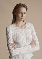 Model is wearing the ivory Cardigan with peplum in pointelle knit.