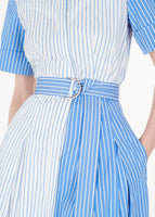 Close up of the belt on the leighton dress in stripe shirting