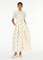 Full shot of model wearing the Leighton Dress in Printed Silk Wool