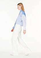side view of the ardsley top in mixed striped shirting