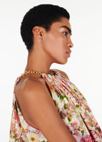Close up of model wearing the Sabine Dress in Printed Crepe De Chine