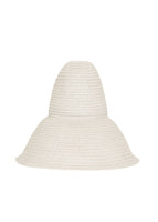 A ghost image of a woven, ivory hat with a wide brim and high top. 