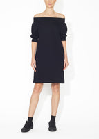 A front view of a black off the shoulder dress.
