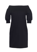 A front view of a black off the shoulder dress without a model.