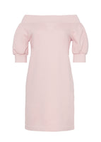 A front view of a blush off the shoulder dress without a model.