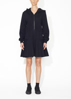 A front view of a black hooded zip up dress.