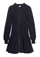 A front view of a black hooded zip up dress without a model.