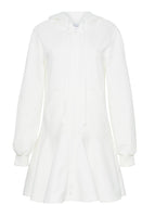 A front view of an ivory hooded zip up dress without a model.