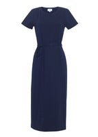 A front view of a navy t-shirt dress without a model.