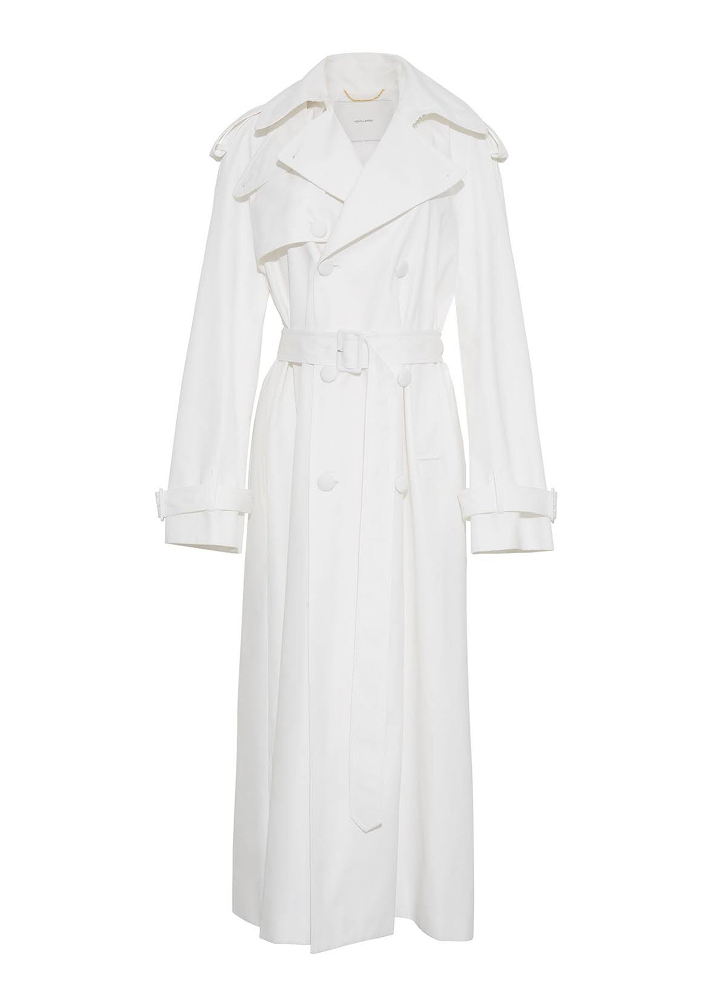 front ghost image of the Monte Trench Coat in Compact Cotton Poplin in White