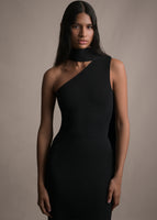 A zoomed in image of model wearing a one shoulder floor length black dress.