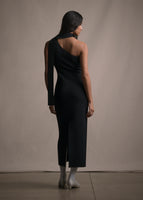 A back-facing image of model wearing a one shoulder floor length black dress.