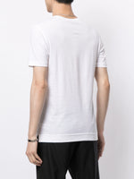 Model is wearing a white short sleeve crewneck t-shirt in pima cotton.
