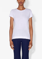 Model wear white short sleeve crewneck t-shirt in prima cotton.