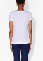 Model wear white short sleeve crewneck t-shirt in prima cotton.