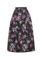 Flat lay of black sackville floor length flare skirt with multicolor printed flowers in taffeta.