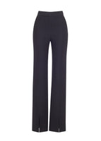 Flat lay of a long black double face stretch wool pant with a slit front.
