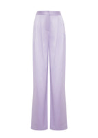 Flat lay of a long straight leg double-pleat pant in lavender heavy charmeuse.