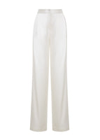 Flat lay of a long straight leg double-pleat pant in ivory heavy charmeuse.