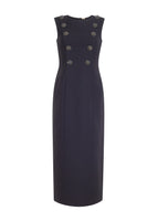 A flat lay of a black sleeveless mid-length dress in stretch wool. Has five crystal buttons on each side of the front torso.