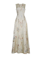 Flat lay of floor length champagne V-neck sleeveless gown in flower detail jacquard.