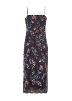 Flat lay of a multicolor flower embroidered black mid length cami dress in organza with thin straps.