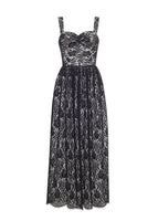 Flat lay of a black embroidered mid length tank dress in corded lace and taffeta.