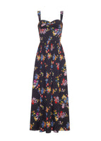 Flat lay of a black multicolor flower printed voile mid length tank dress.