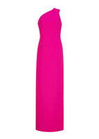 Flat lay of floor length hot pink satin one shoulder gown with wrap ribbon detail.