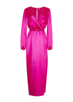 A flat lay of a longsleeve floor length hot pink satin dress with a V-neckline and a black belt with a gold buckle.
