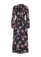 A flat lay image of a long sleeved black floral printed mid length dress.
