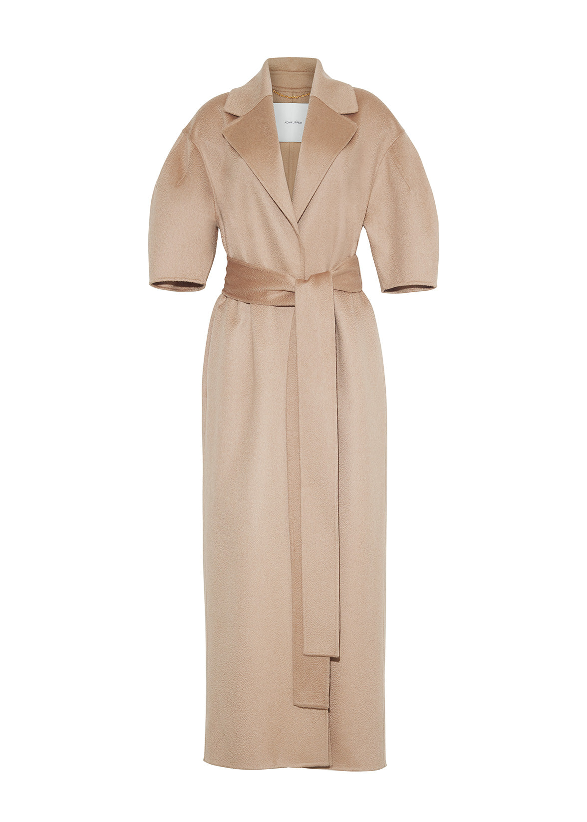 ghost image showing front of the long camel regency coat with short balloon sleeves and a front waist tie in double face cashmere.