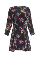 Flat lay of a short black multicolor flower print long sleeve dress in crepe de chine.