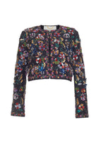 Flat lay of long sleeve front-zip multicolor flower embroidered black bolero in silk wool suiting.