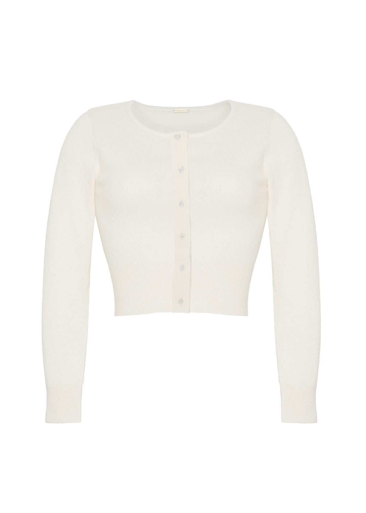 A flat lay of an ivory longsleeve cashmere cardigan with small crystal flower buttons on the front.