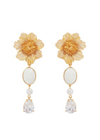 A flat lay of gold flower earrings.
