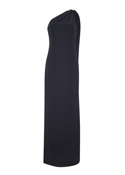 Flat lay of a long black one shoulder satin back crepe gown.