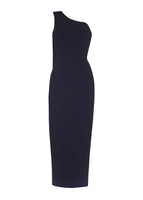 Flat lay of a one shoulder floor length black dress in compact jacquard.