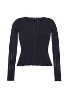 A flat lay of the front of the Peplum Cardigan in Pointelle Knit in black.