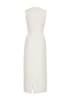 A flat lay of the back of the fitted waist Ophelia Dress in Silk Wool. The dress is sleeveless and midi length.
